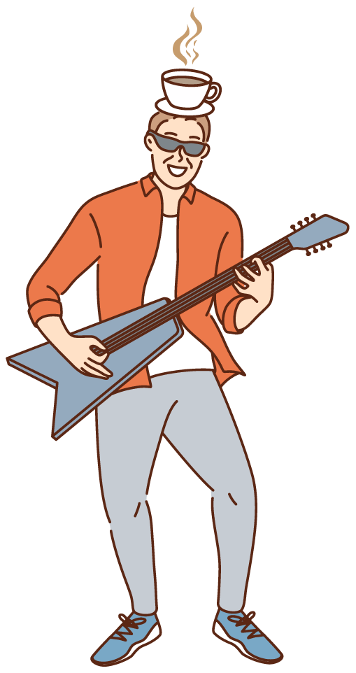 ギターを持ちカフェを楽しむおじさん